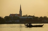 Asia;Asian;boat;boats;C-Chiên-River;church;churches;Co-Chien-River;dusk;evening;Mekong-Delta;Mekong-Delta-Region;Mekong-River;river;rivers;South-East-Asia;Southeast-Asia;steeple;steeples;sunset;sunsets;twilight;Vietnam;Vietnamese;Vinh-Long;Vinh-Long-Province