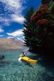 kayak;kayaks;kayaker;kayakers;water;clear;clean;transparent;paddle;paddler;paddlers;paddling;paradise;beautiful;lakes;lake;adventure;adventure-tourism;recreation;outdoors;outdoor;outside;relax;relaxing;yellow;boat;pristine;summer;holiday;holidays;vacation;vacations;wakatipu;queenstown;south-island;new-zealand;southern-rata;red-flowers