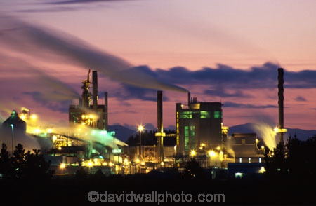 factory;factories;wood-processing;timber;export;exports;exporting;import;imports;importing;industry;fibre-board;chip;pollution;polluting;industrial;carter-holt-harvey;mills;wood;dusk;twilight;evening;floodlit;smoke