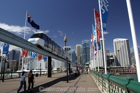 mono;rail;flag;flags;pedestrian;tourist;tourists;tourism;train;trains;commuter;commute;modern;bridges;harbor;harbours;harbors;future;futuristic;Monorail;Pyrmont;Bridge;Darling;Harbour;Sydney;Australia