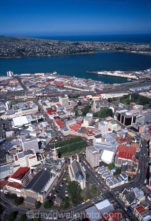 aerial;aerials;dunedin;otago;city;town;urban-sprawl;populated;CBD;central-business-district;main-street;layout;cityscape;octagon;town-hall;moray-place;otago-harbour;pacific-ocean