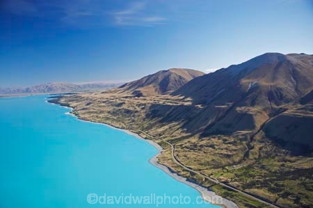 aerial;aerial-photo;aerial-photography;aerial-photos;aerials;air-to-air;aqua;Ben-Ohau-Range;blue;Canterbury;lake;Lake-Pukaki;lakes;Mackenzie-Country;Mt-Cook;N.Z.;New-Zealand;NZ;Road;shoreline;shorelines;South-Canterbury;South-Island;teal;turquoise;water