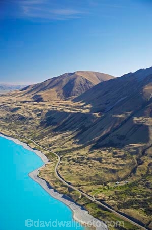 aerial;aerial-photo;aerial-photography;aerial-photos;aerials;air-to-air;aqua;Ben-Ohau-Range;blue;Canterbury;lake;Lake-Pukaki;lakes;Mackenzie-Country;Mt-Cook;N.Z.;New-Zealand;NZ;Road;shoreline;shorelines;South-Canterbury;South-Island;teal;turquoise;water