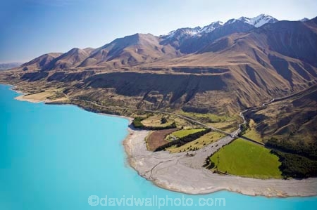 aerial;aerial-photo;aerial-photography;aerial-photos;aerials;aqua;Ben-Ohau-Range;blue;Canterbury;lake;Lake-Pukaki;lakes;Mackenzie-Country;Mt-Cook;N.Z.;New-Zealand;NZ;Road;shoreline;shorelines;South-Canterbury;South-Island;teal;turquoise;water