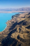 aerial;aerial-photo;aerial-photography;aerial-photos;aerials;air-to-air;aqua;Ben-Ohau-Range;blue;Canterbury;lake;Lake-Pukaki;lakes;Mackenzie-Country;Mt-Cook;N.Z.;New-Zealand;NZ;Road;shoreline;shorelines;South-Canterbury;South-Island;teal;turquoise;water