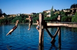 jetty;jump;jumping;dive;diving;township;settlement;lake;lake-wanaka;water;summer;fun;play;playing
